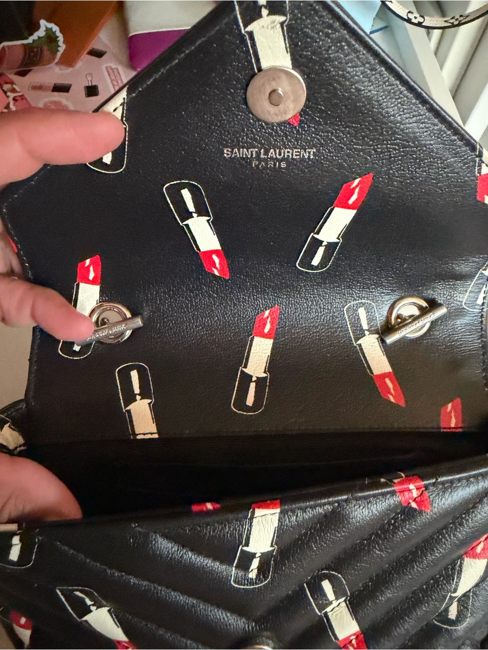 Yves Saint Laurent Black Quilted Shoulder Bag with Red Lipstick Motif - Picture 4 of 6